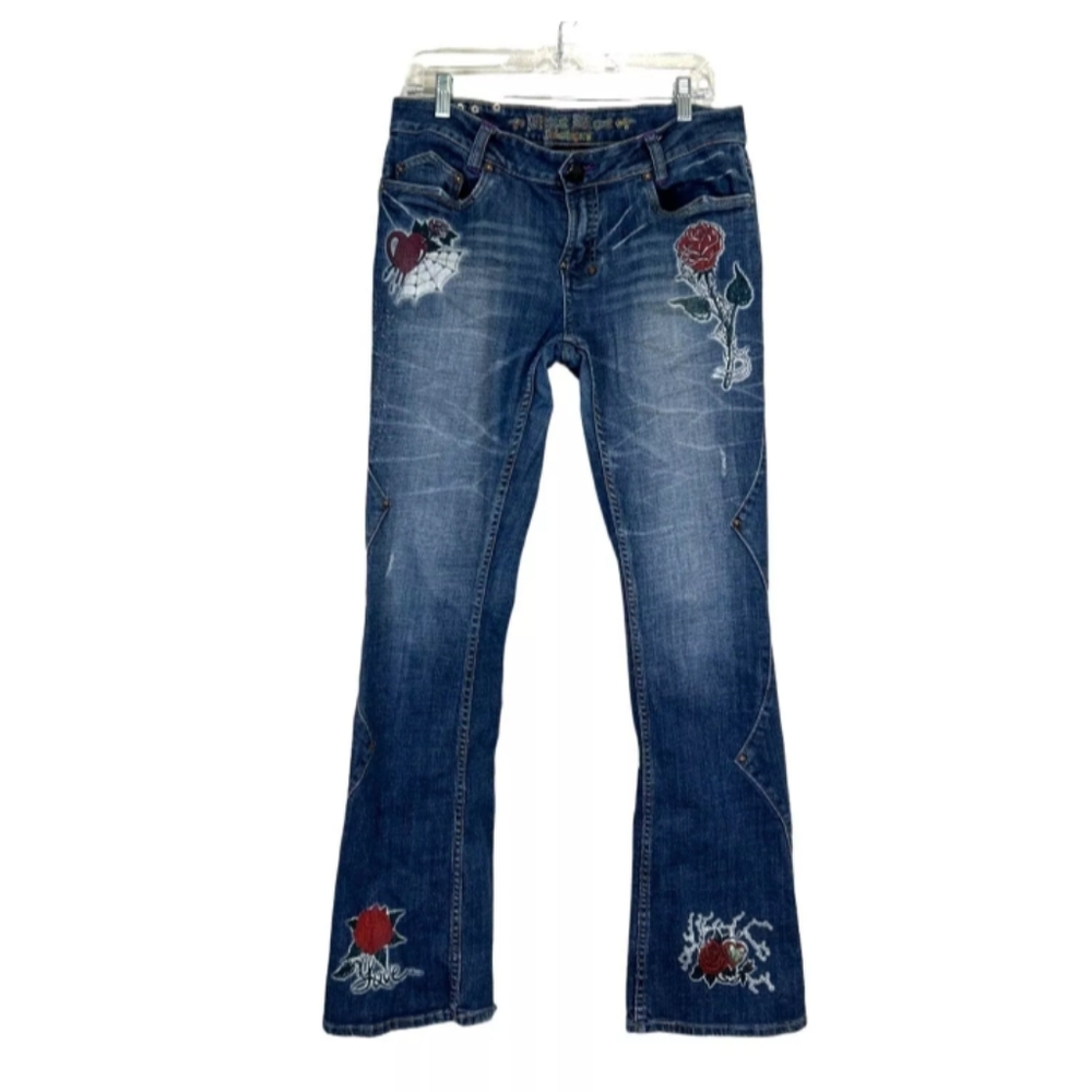 Inkslingers Jeans Blue Moe Boot Cut Tattoo Rose Heart Skulls Y2K Size 32 EUC